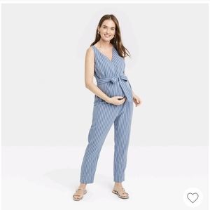 The nines by HATCH sleeveless tie maternity jumpsuit navy blue striped
